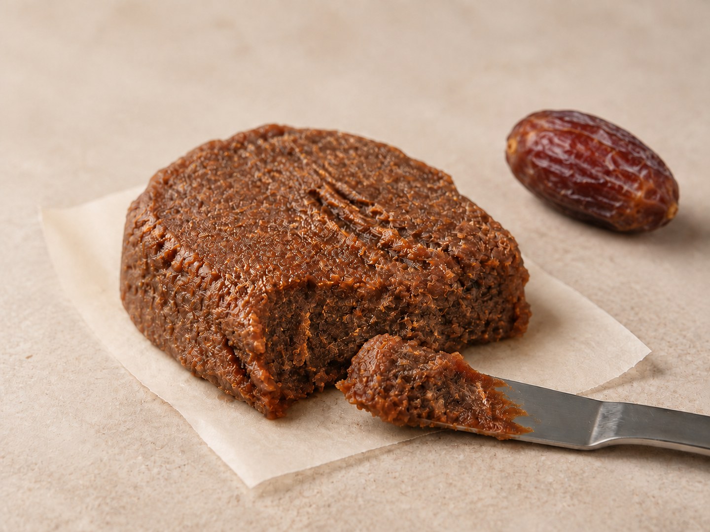 Date paste on parchment with a small tasting spatula