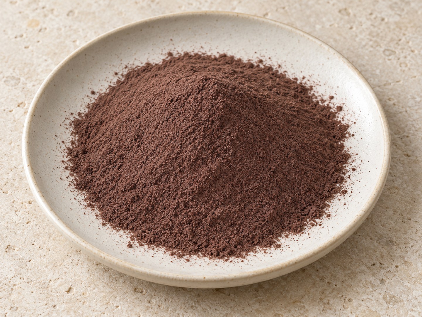 Roasted ground date seeds on a shallow matte ceramic dish
