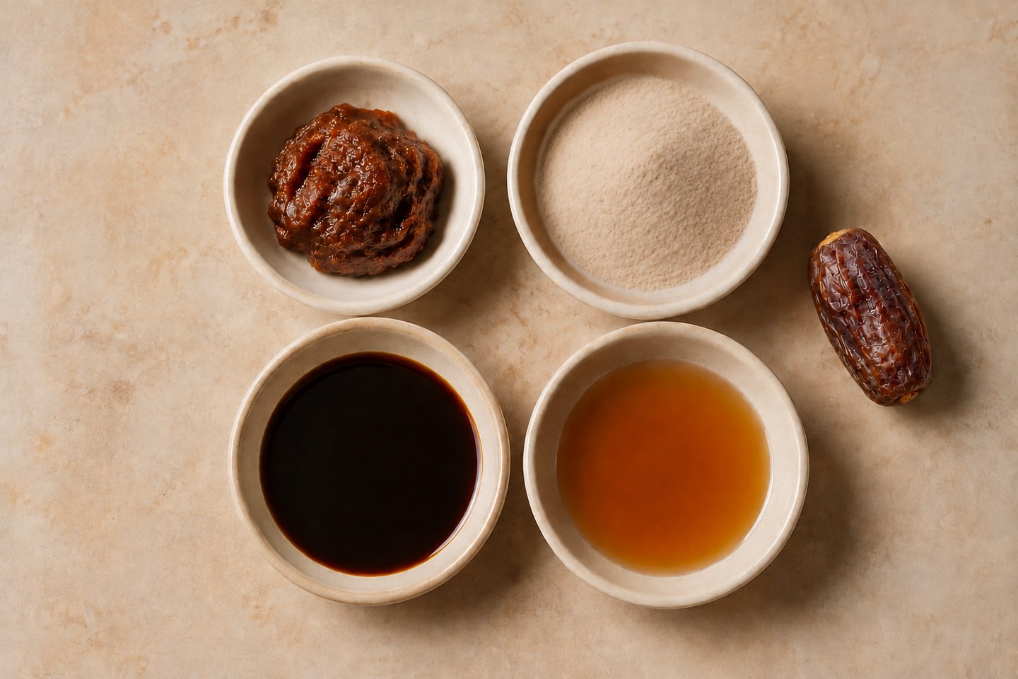 Overhead illustration of date paste, powder and two liquid date ingredients in dishes