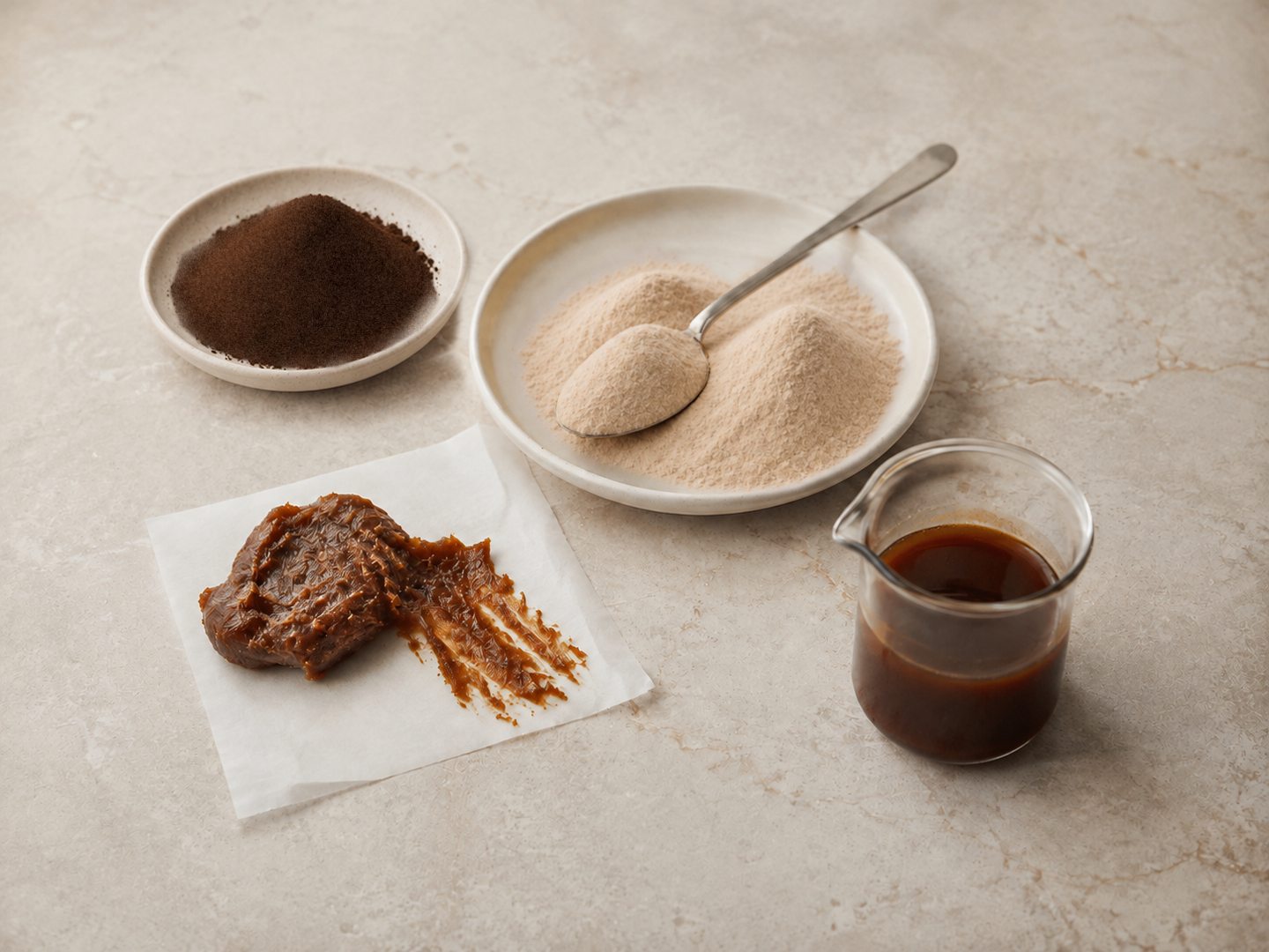 Date paste, date powder and date syrup arranged on a neutral worktop