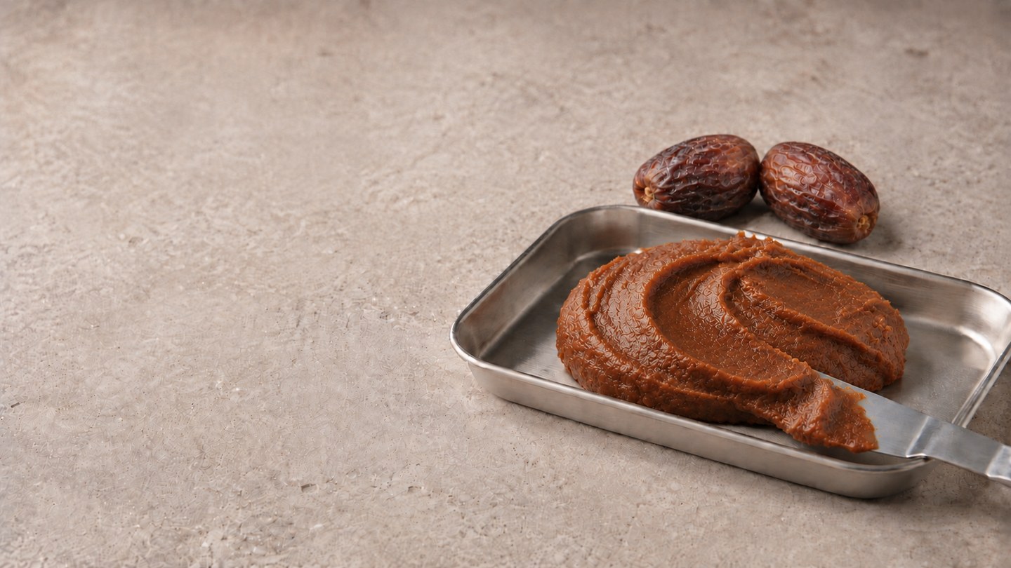 Date paste and a tasting spatula on a small stainless tray beside two dates